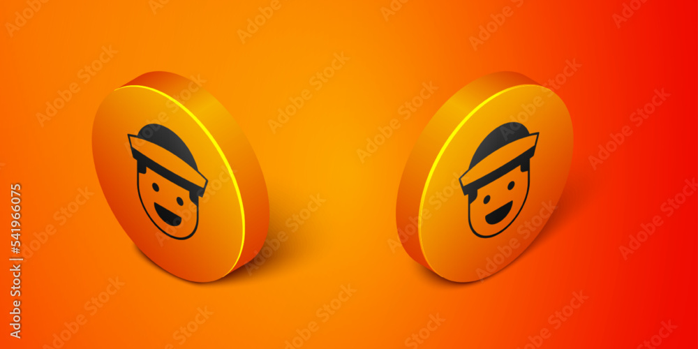 Poster isometric sailor icon isolated on orange background. orange circle button. vector