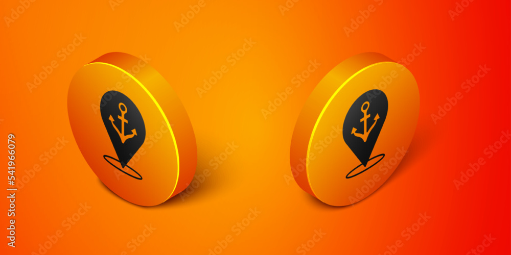 Poster Isometric Map pointer with anchor icon isolated on orange background. Orange circle button. Vector