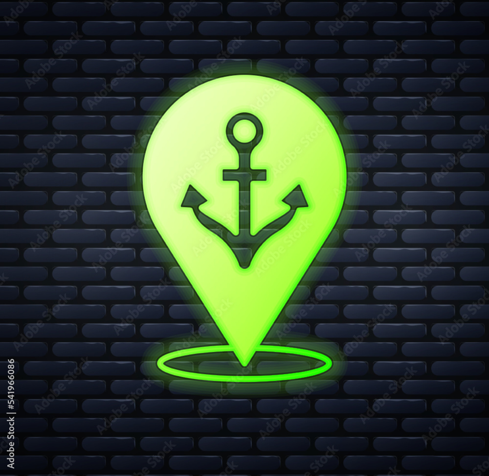 Poster glowing neon map pointer with anchor icon isolated on brick wall background. vector