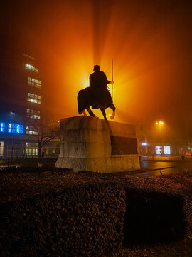 Wroclaw October 24 2019 Silhouette of Boleslaw Chrobry Statue at foggy night