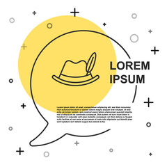 Black line Oktoberfest hat icon isolated on white background. Hunter hat with feather. German hat. Random dynamic shapes. Vector