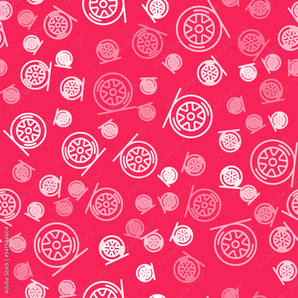 Poster white line car wheel icon isolated seamless pattern on red background. vector
