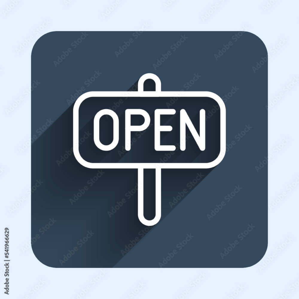 Poster white line hanging sign with text open door icon isolated with long shadow background. blue square b