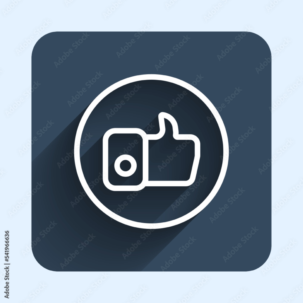Poster white line hand like icon isolated with long shadow background. blue square button. vector