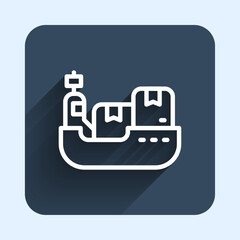 White line Cargo ship with boxes delivery service icon isolated with long shadow background. Delivery, transportation. Freighter with parcels, boxes, goods. Blue square button. Vector