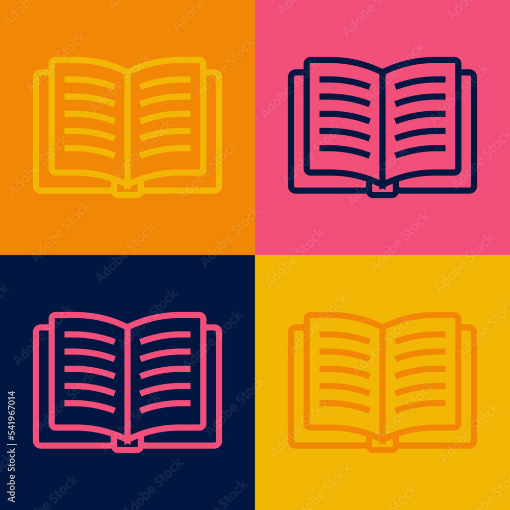 Poster pop art line open book icon isolated on color background. vector