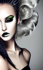 Portrait of a girl with creative makeup and hairstyle. Illustration. Created with the help of artificial intelligence
