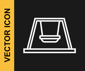 White line Swing for kids summer games on playground icon isolated on black background. Outdoor entertainment equipment. Vector