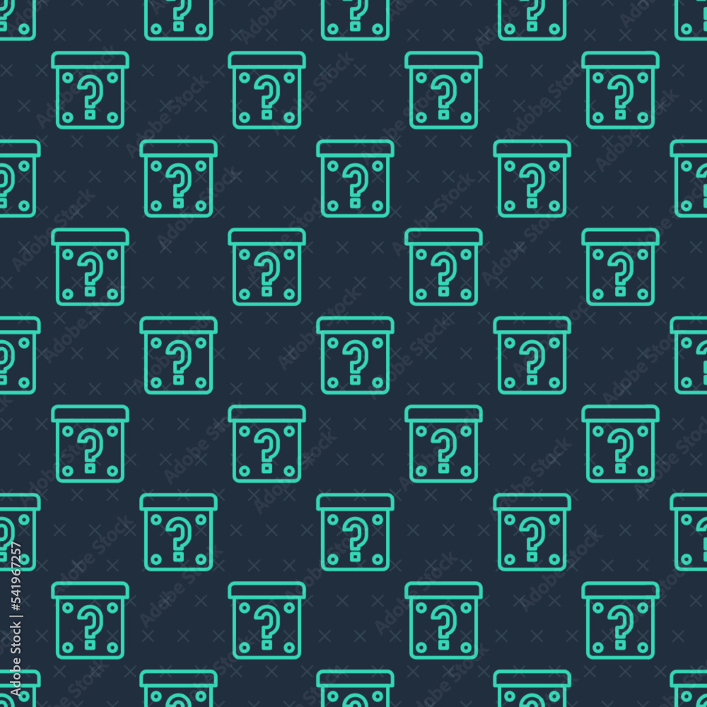 Poster green line mystery box or random loot box for games icon isolated seamless pattern on blue backgroun