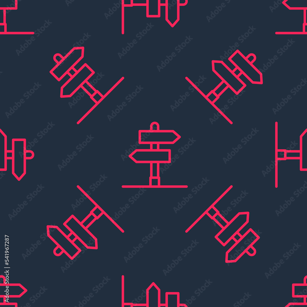 Poster red line road traffic sign. signpost icon isolated seamless pattern on black background. pointer sym