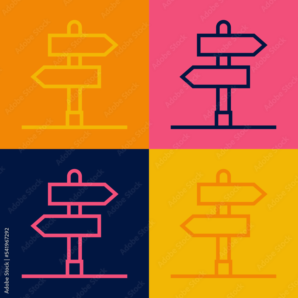 Poster pop art line road traffic sign. signpost icon isolated on color background. pointer symbol. isolated