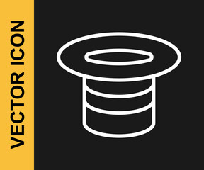 White line Magic hat icon isolated on black background. Magic trick. Mystery entertainment concept. Vector