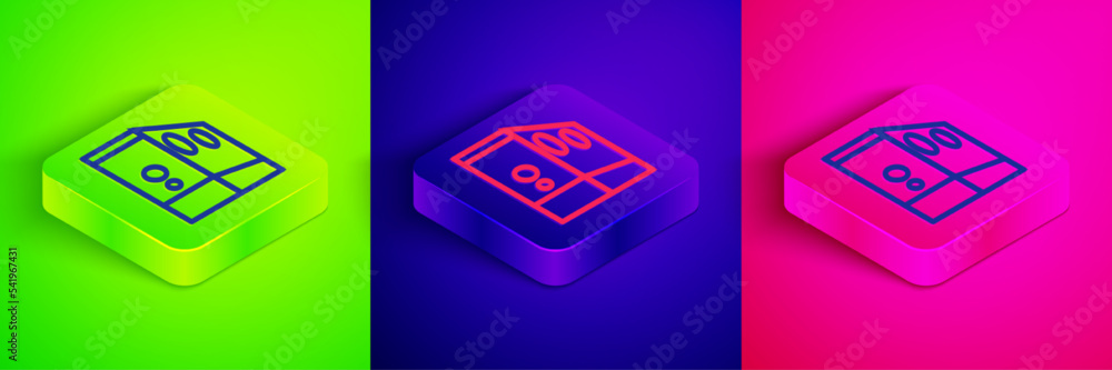 Poster isometric line case of computer icon isolated on green, blue and pink background. computer server. w