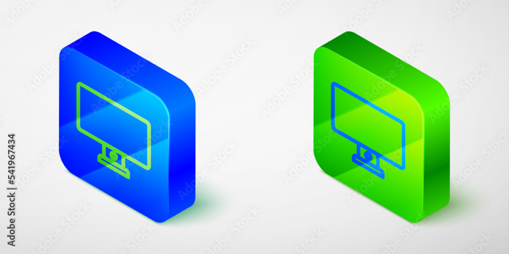 Poster isometric line computer monitor icon isolated on grey background. pc component sign. blue and green 
