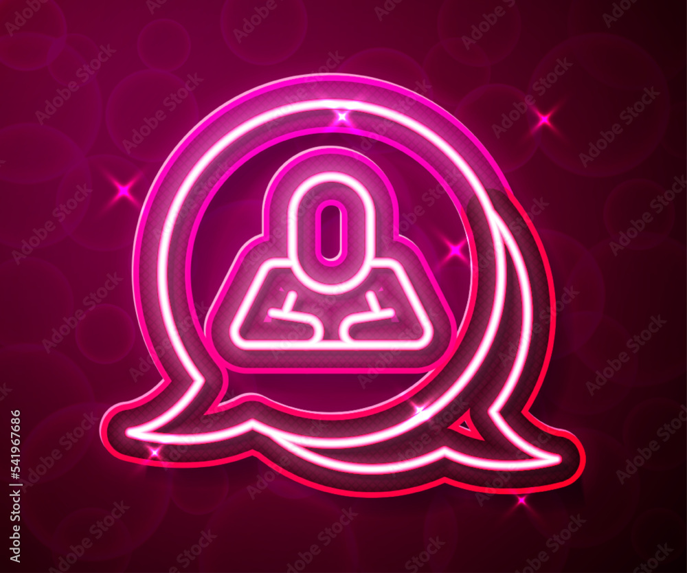 Poster glowing neon line speech bubble chat icon isolated on red background. message icon. communication or