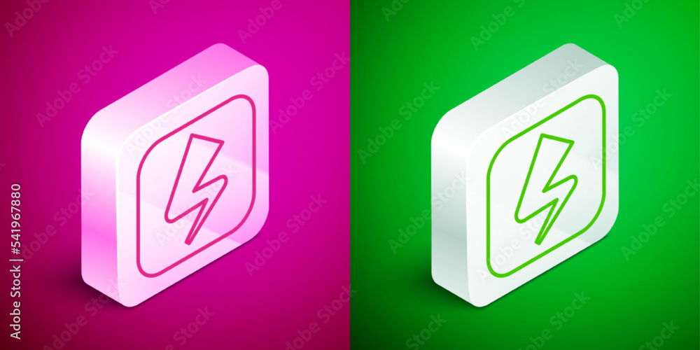 Poster isometric line lightning bolt icon isolated on pink and green background. flash sign. charge flash i