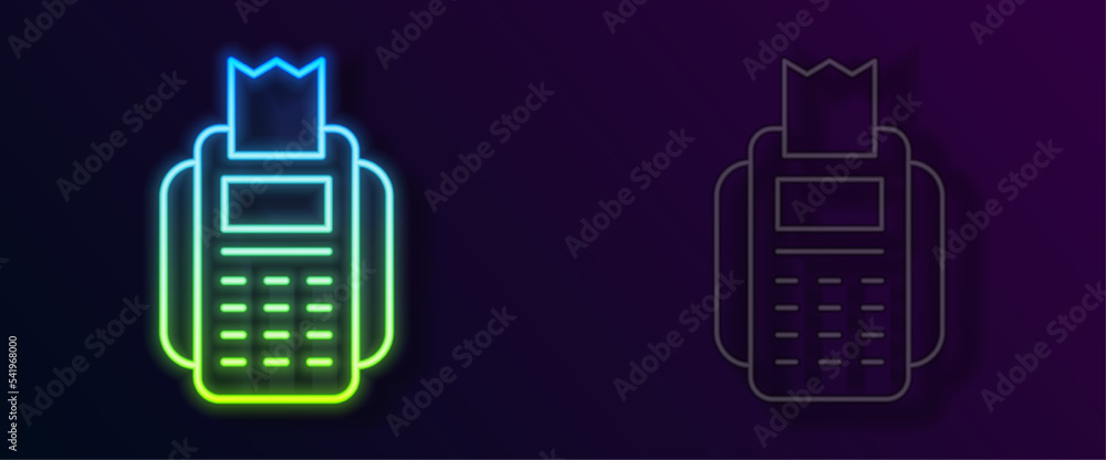 Poster glowing neon line pos terminal with inserted credit card and printed reciept icon isolated on black 