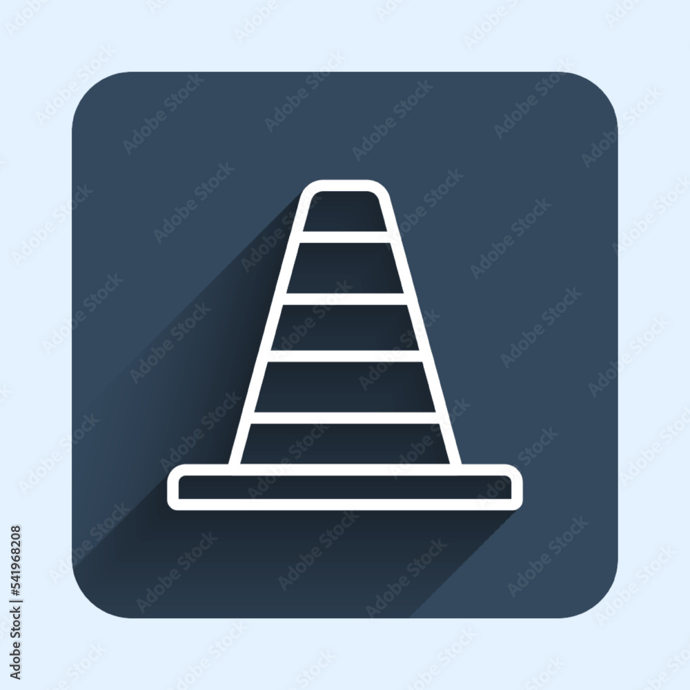 Poster white line traffic cone icon isolated with long shadow background. blue square button. vector