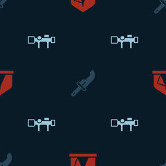 Set Tourist tent, Hunter knife and Sniper optical sight on seamless pattern. Vector