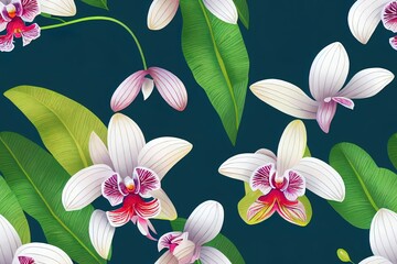 Obraz na płótnie Canvas Tropical floral seamless pattern background with exotic flowers, orchid flower, jungle leaves. Artistic backdrop. Botanical illustration wallpaper.