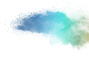 Blue and green pastal powder explosion on white background.