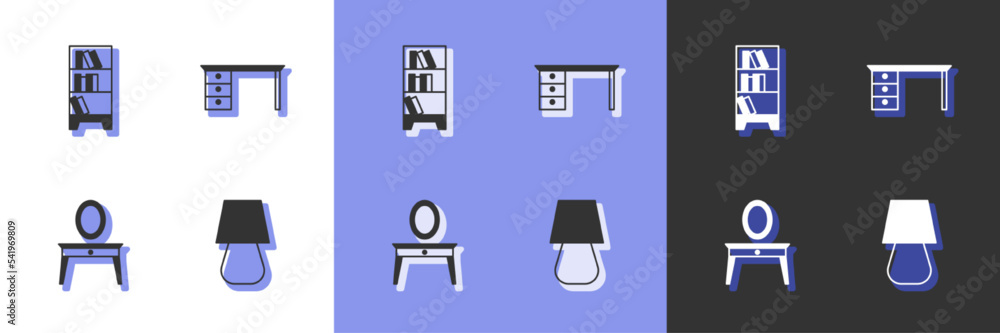 Poster set table lamp, library bookshelf, dressing table and office desk icon. vector