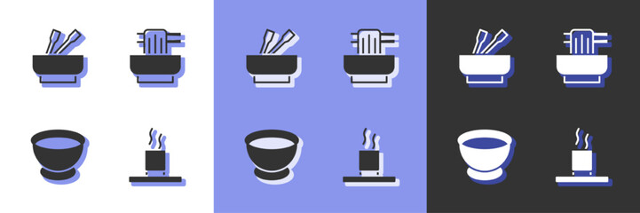 Set Cup of tea, Asian noodles in bowl, Soy sauce and icon. Vector