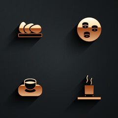 Set Chicken egg, Sushi, Soy sauce in bowl and Cup of tea icon with long shadow. Vector