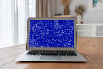Mathematic equations and modish formula on computer screen showing concept of science and education