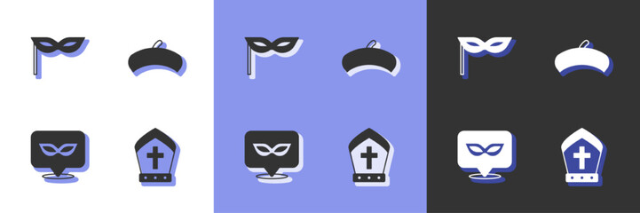 Set Pope hat, Carnival mask, and French beret icon. Vector