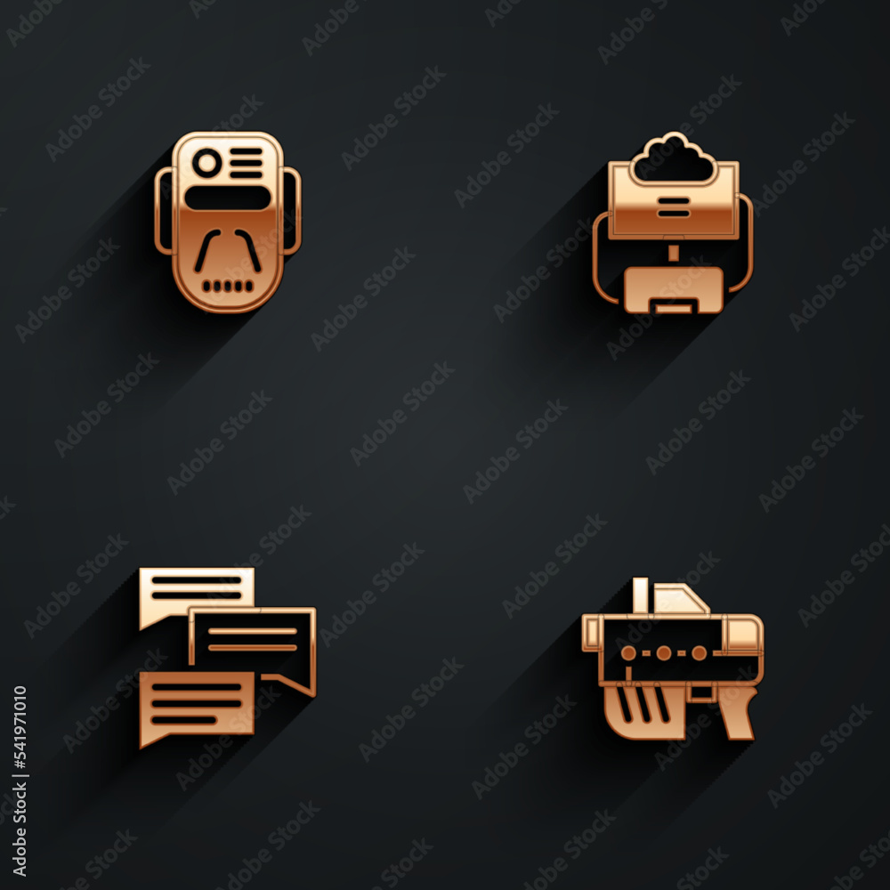 Poster set artificial intelligence robot, cloud database, speech bubble chat and futuristic weapon icon wit