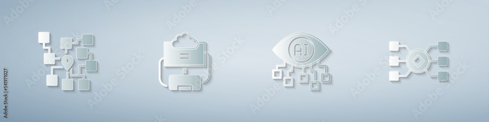 Poster set neural network, cloud database, computer vision and . paper art style. vector