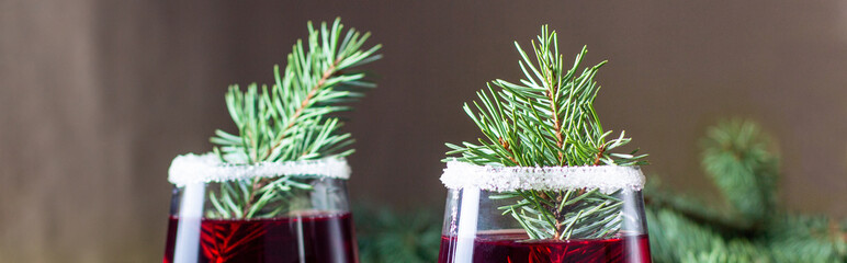 banner of Cranberry red drink decorated with fir tree branches berry and sugar. Christmas hot...