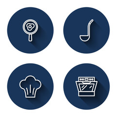 Set line Fried eggs on frying pan, Kitchen ladle, Chef hat and Oven with long shadow. Blue circle button. Vector