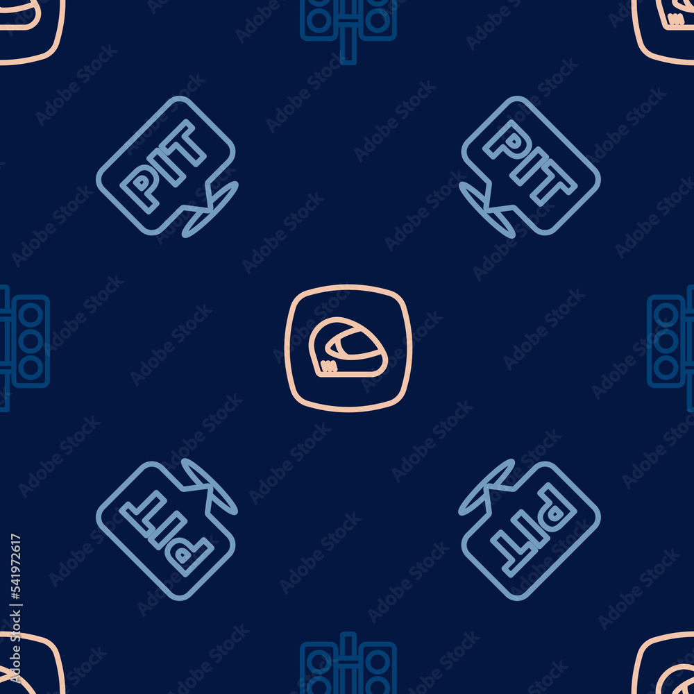 Poster set line racing traffic light, pit stop and helmet on seamless pattern. vector