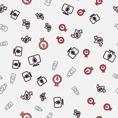 Set line Oil drop with dollar symbol, price increase, petrol test tube and Motor gas gauge on seamless pattern. Vector