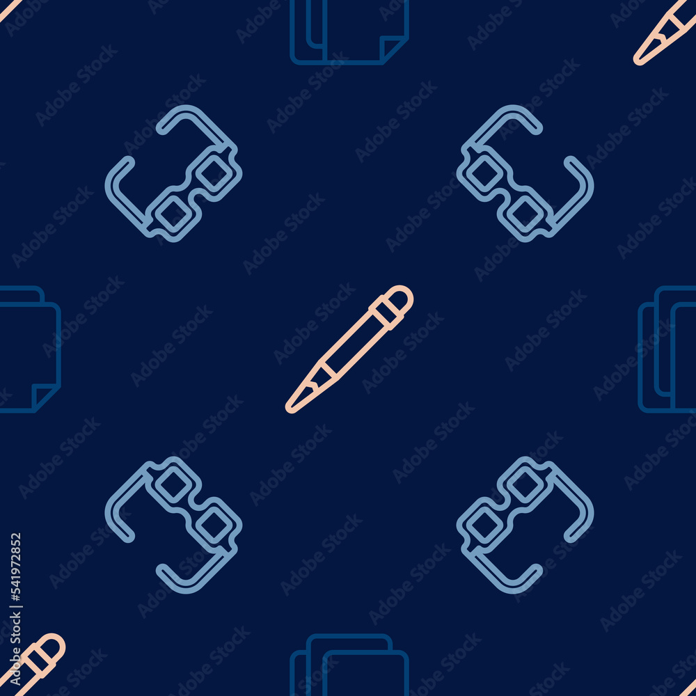 Poster set line file document, glasses and pencil with eraser on seamless pattern. vector