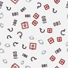 Set line Sickle, Water tower, Watering can and Colorado beetle on seamless pattern. Vector