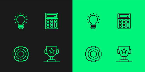 Set line Award cup, Gear, Creative lamp light idea and Calculator icon. Vector