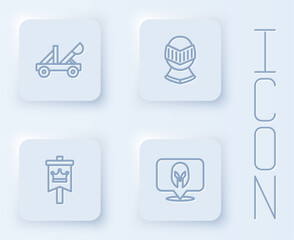 Set line Medieval catapult, helmet, flag and . White square button. Vector