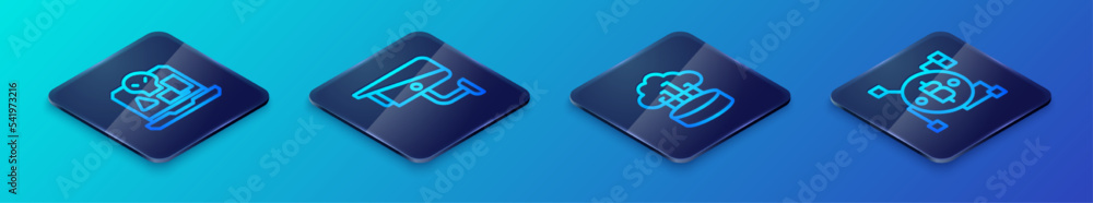 Poster set isometric line network cloud connection, internet piracy, blockchain technology bitcoin and secu
