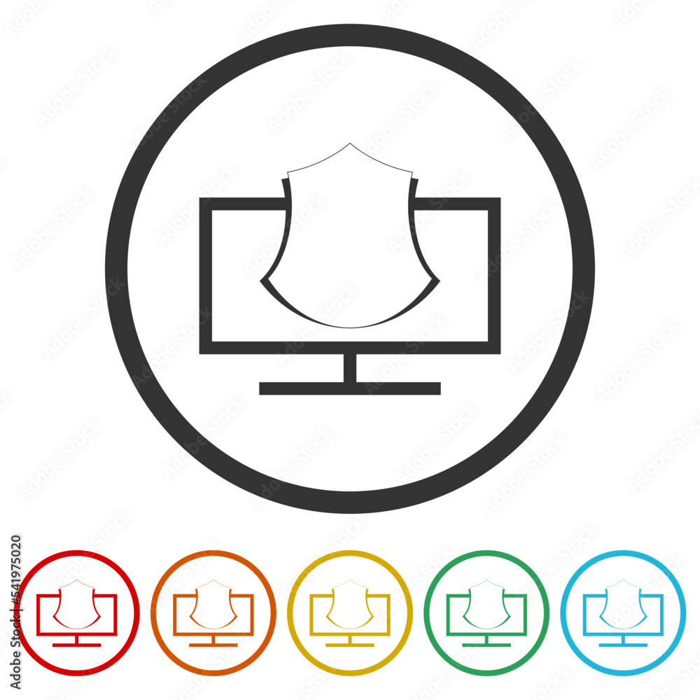 Poster pc monitor and shield glyph icon. set icons in color circle buttons