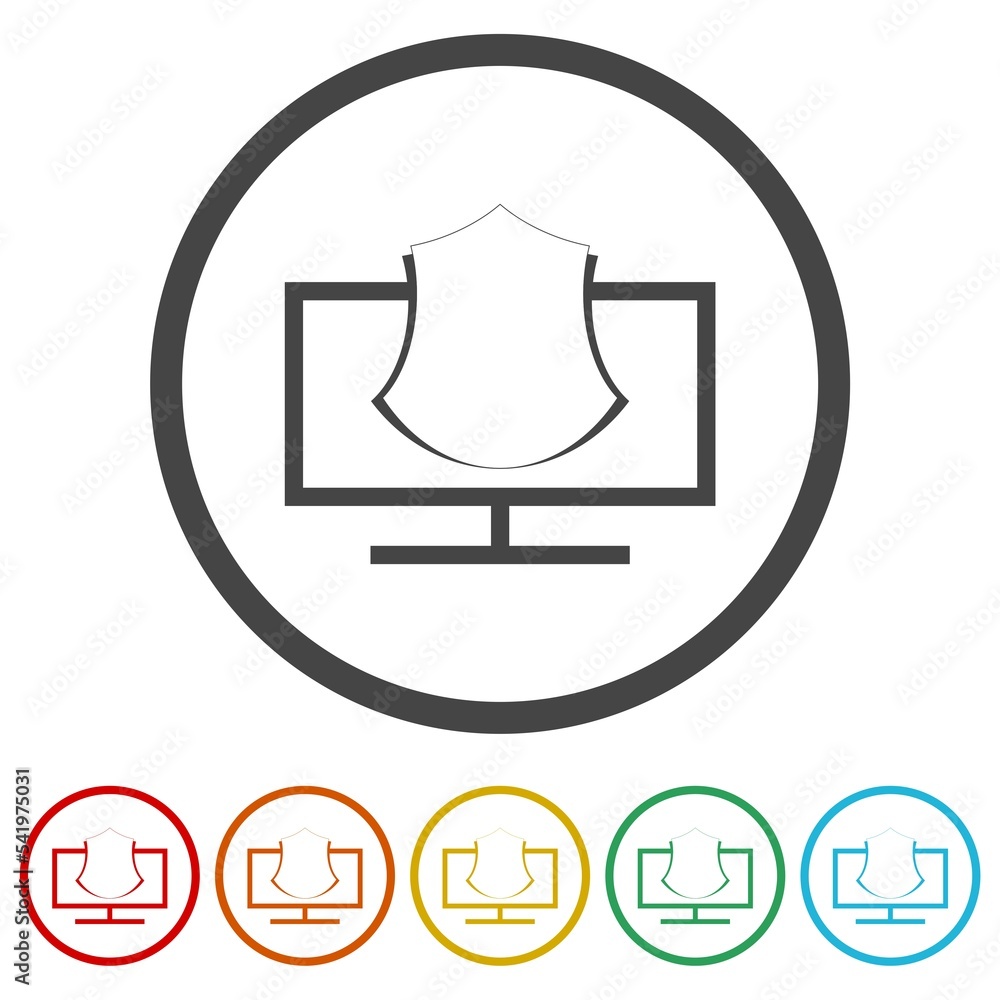 Poster pc monitor and shield glyph icon. set icons in color circle buttons