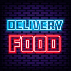 Delivery Food Neon sign. Neon script. Announcement neon signboard. Design element. Vector Illustration