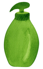 Eco-friendly liquid soap, zero waste. A bathroom clipart with zero waste. Watercolor illustration liquid eco-soap isolated on transparent background.