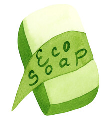 Eco-friendly Soap for the bathroom , zero waste. A bathroom clipart with zero waste. Watercolor illustration of green eco-soap isolated on transparent background.