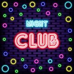 Night Club Neon signboards. Glowing with colorful neon light. Light art. Trendy design elements. Vector Illustration