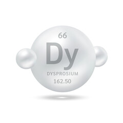 Dysprosium molecule models silver and chemical formulas scientific element. Natural gas. Ecology and biochemistry concept. Isolated spheres on white background. 3D Vector Illustration.