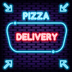 Pizza Delivery Neon Sign Vector. Neon script. Light art. Design element. Vector Illustration
