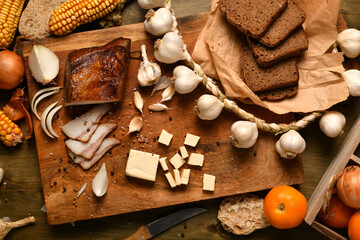 still life of food in a rural style on a dark wood background, lard and garlic, cheese, tomatoes...